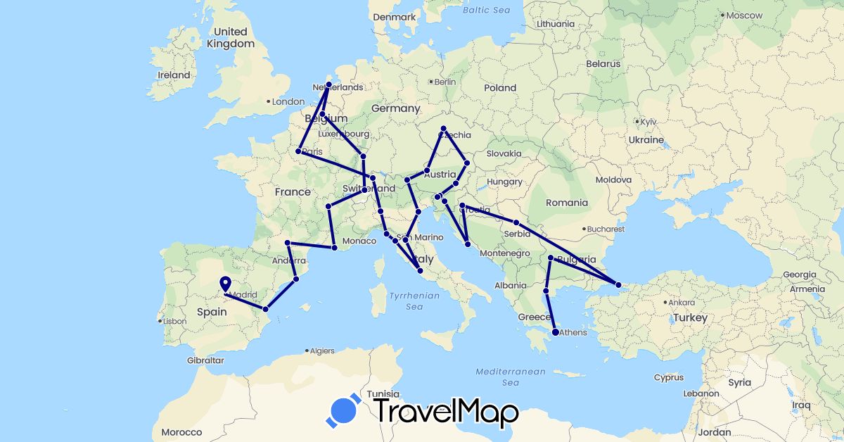 TravelMap itinerary: driving in Austria, Belgium, Bulgaria, Switzerland, Czech Republic, Spain, France, Greece, Croatia, Italy, Netherlands, Serbia, Slovenia, Turkey (Asia, Europe)